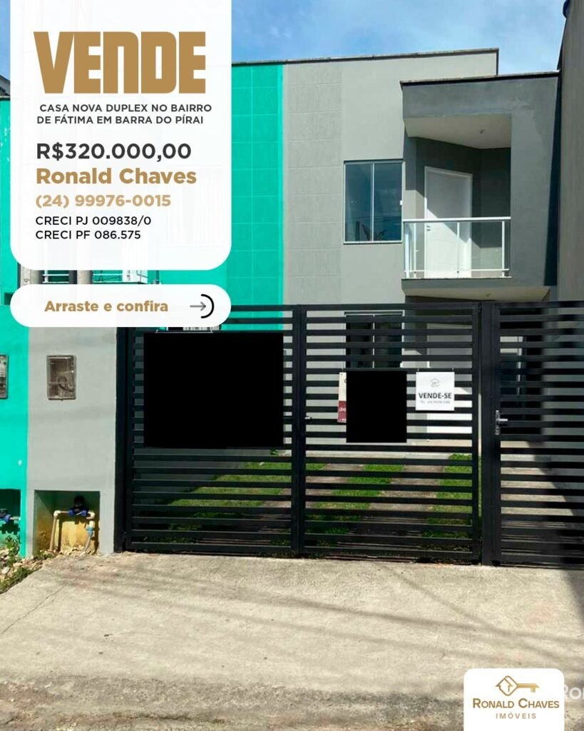 Casa nova duplex no bairro de Fátima em barra do Pírai.
